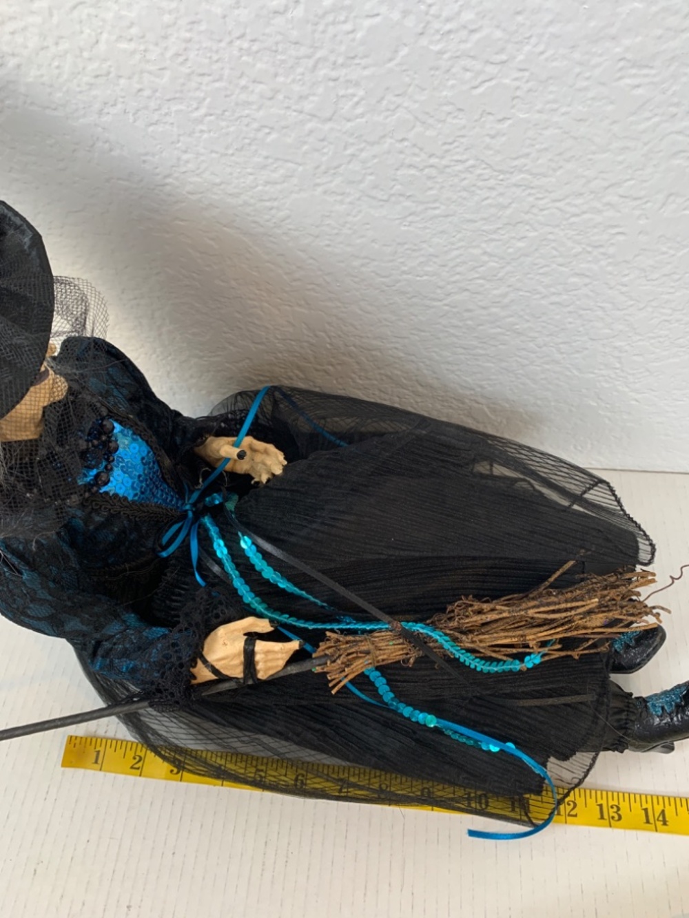 Spooky Old Witch With Broom Doll Shelf Sitter Blue Black Halloween Scary Decor - Picture 16 of 16